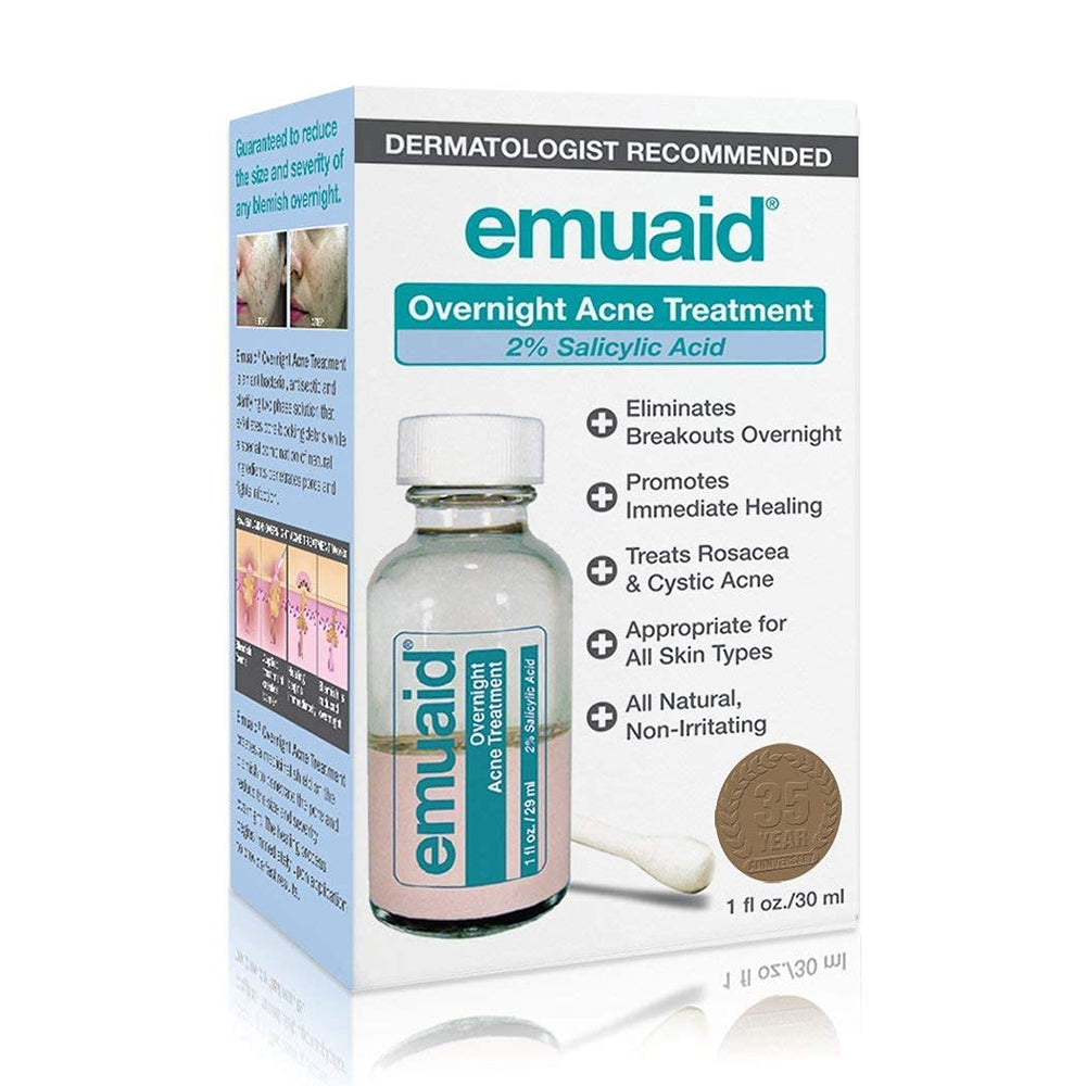 EMUAID Overnight Acne Treatment packaging shown on a surface for nightly use