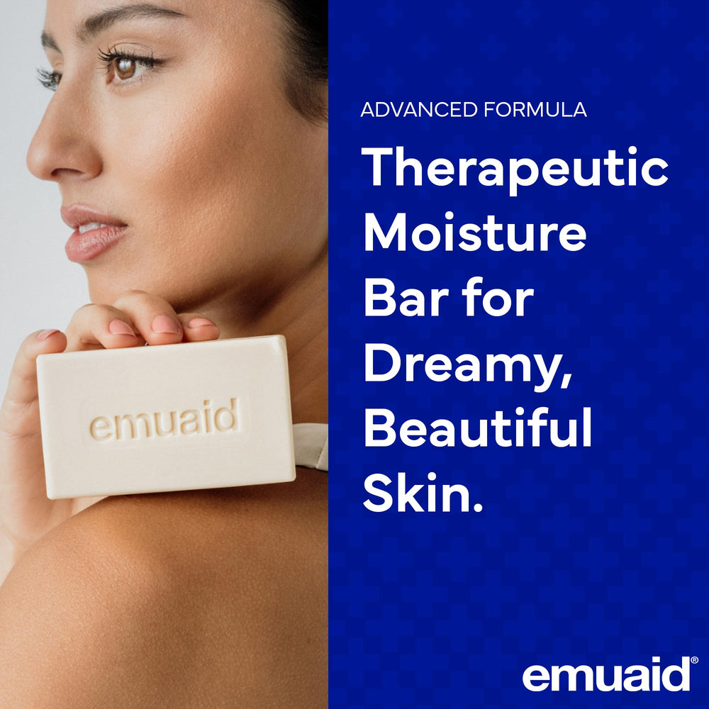 Emuaid bar for body cleansing soothes skin prone to irritation and moisture discomfort.