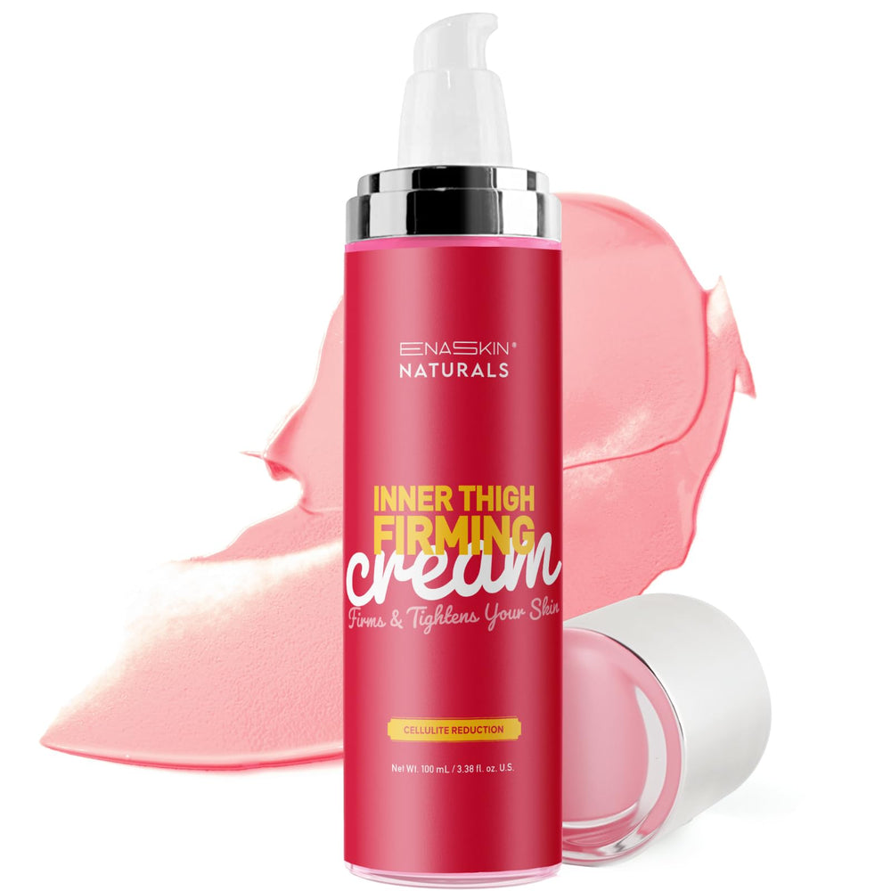 Enaskin Naturals anti-cellulite cream bottle pour, highlighting smooth texture and quick application.