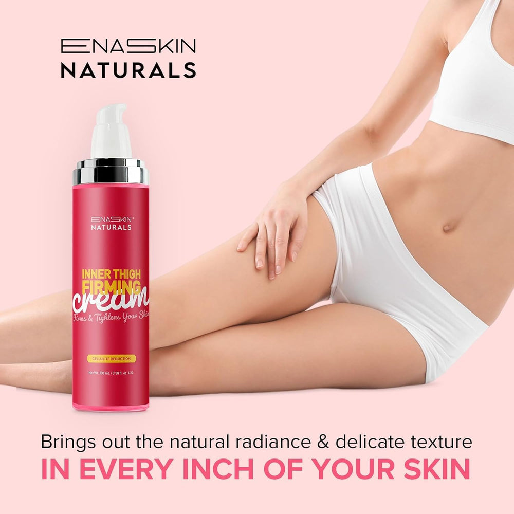 Enaskin Naturals anti-cellulite cream on leg demonstrates firming potential and hydration.