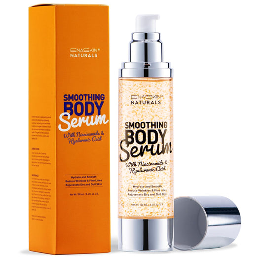 Enaskin Naturals smoothing serum bottle pour shows fast absorption and hydration.