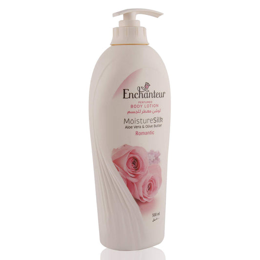 Enchanteur perfumed body lotion bottle with aloe vera and olive butter for hydration.