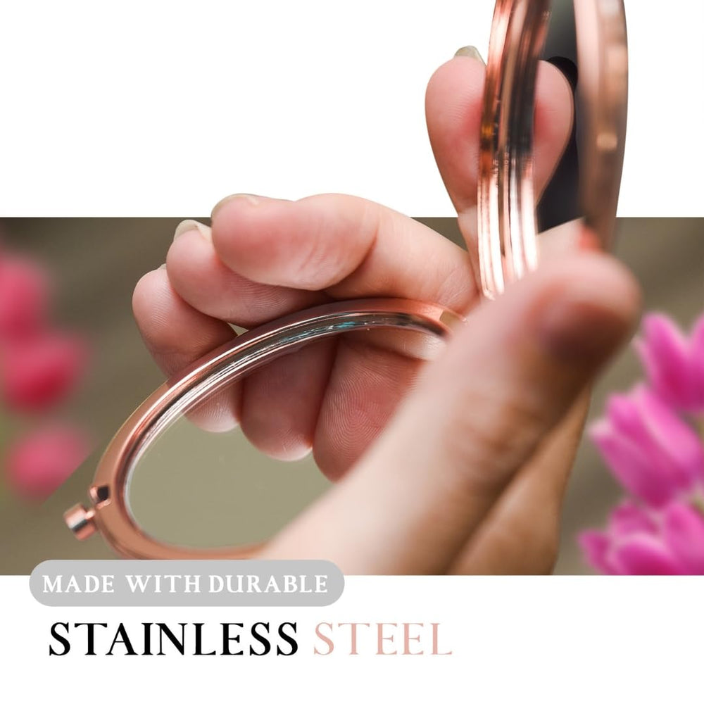 Engraving detail on Enduring Gifts rose gold mirror adds a warm welcome.