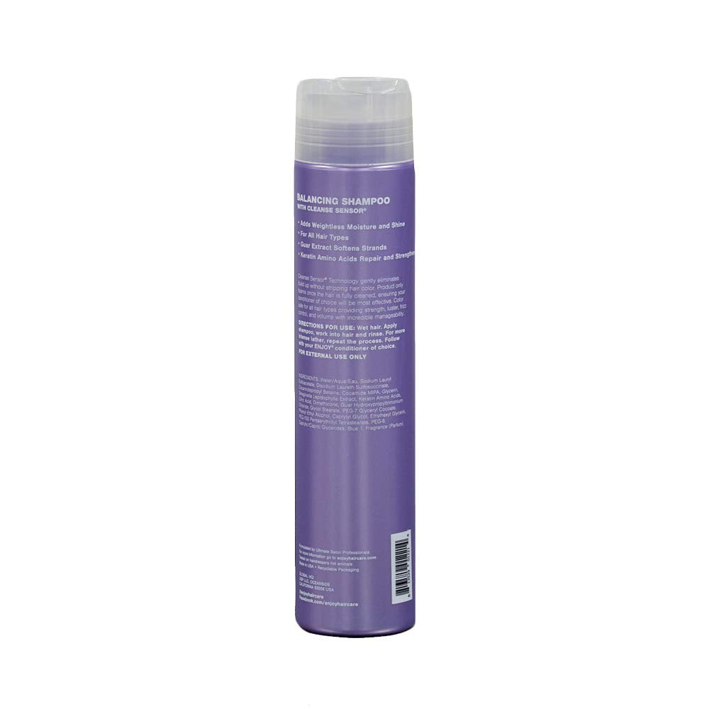 Enjoy Balancing Shampoo bottle pour showing sulfate-free formula.