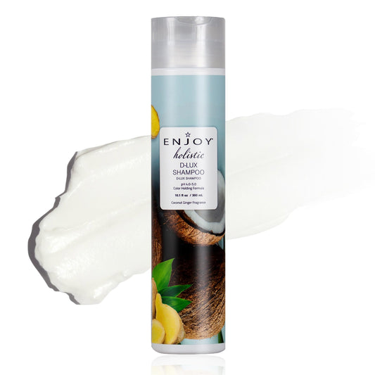 Enjoy D-Lux Shampoo bottle highlighting color-preserving formula for color-treated hair
