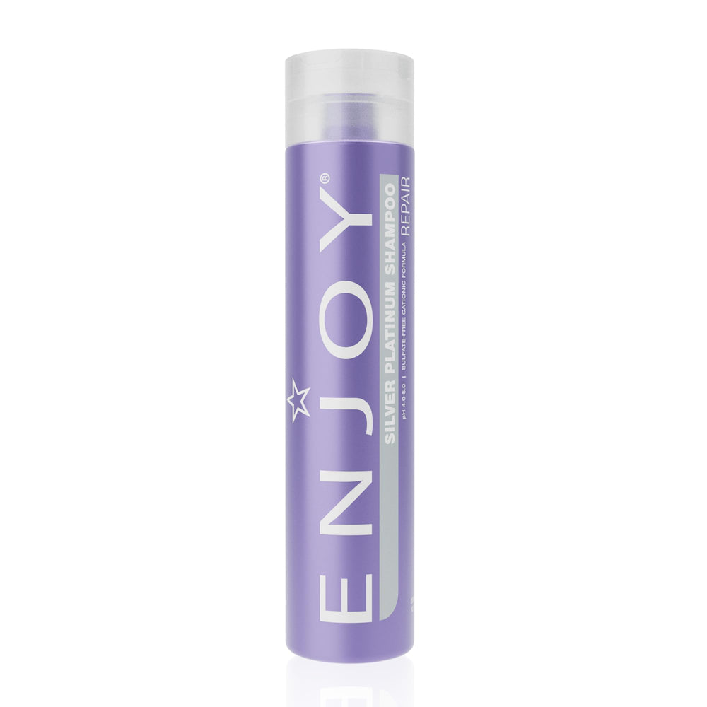 Enjoy Hair Care Silver Platinum Shampoo bottle highlights color-safe formula for vibrant results.