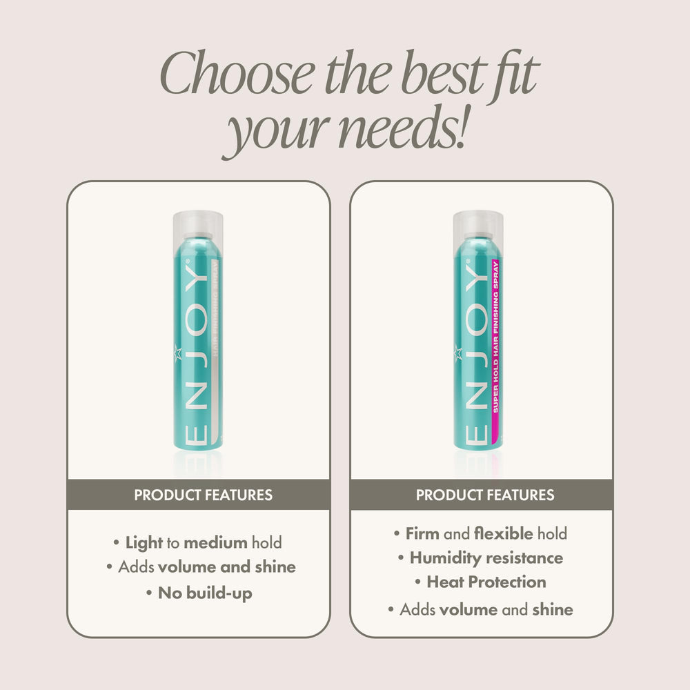 Enjoy Hair Finishing Spray advanced formula packaging communicates weightless shine and hold.