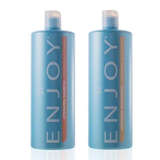 ENJOY Hydrating Shampoo bottle closeup shows gentle cleansing and moisture benefits.