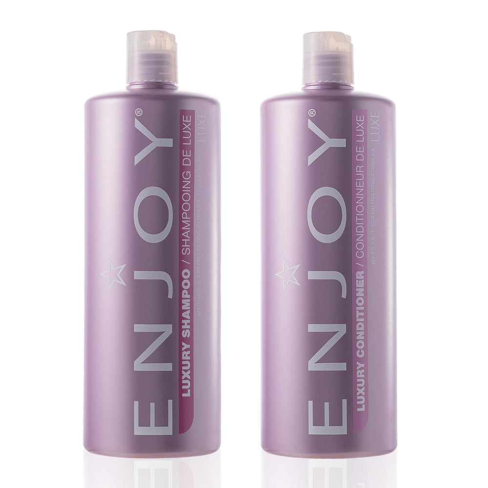 Enjoy Luxury Shampoo bottle front showing frizz-control for thick hair.
