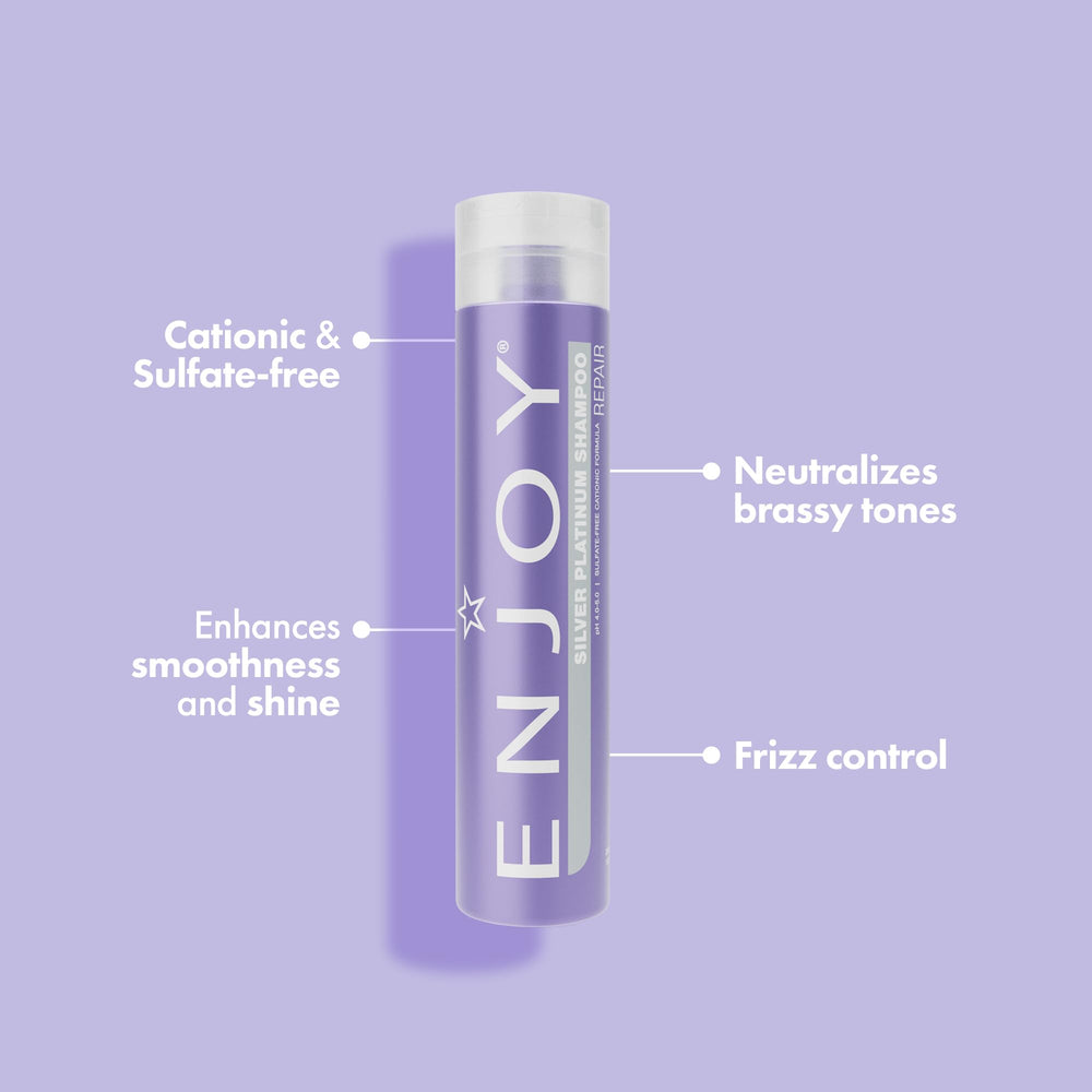 Enjoy Hair Care Silver Platinum Shampoo close-up shows violet pigment toning brassy tones.
