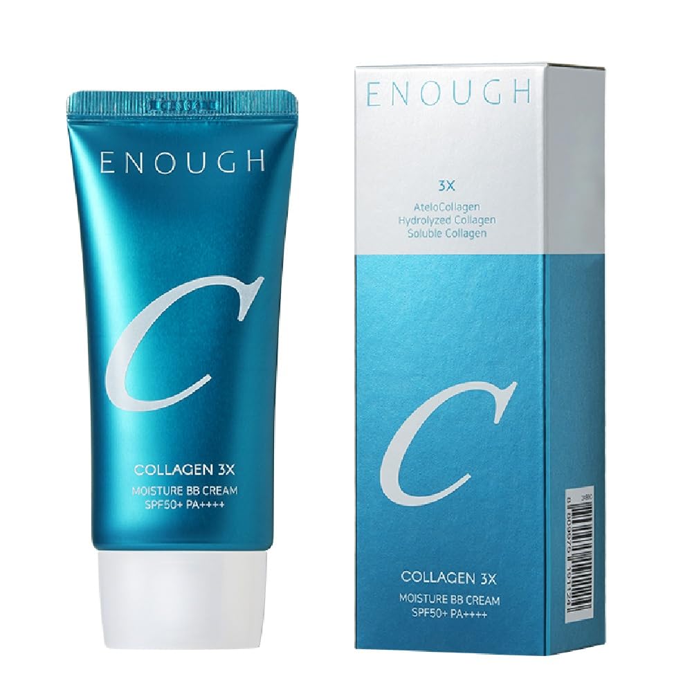 Enough Collagen 3X Moisture BB Cream SPF50 bottle on vanity offers daily sun protection