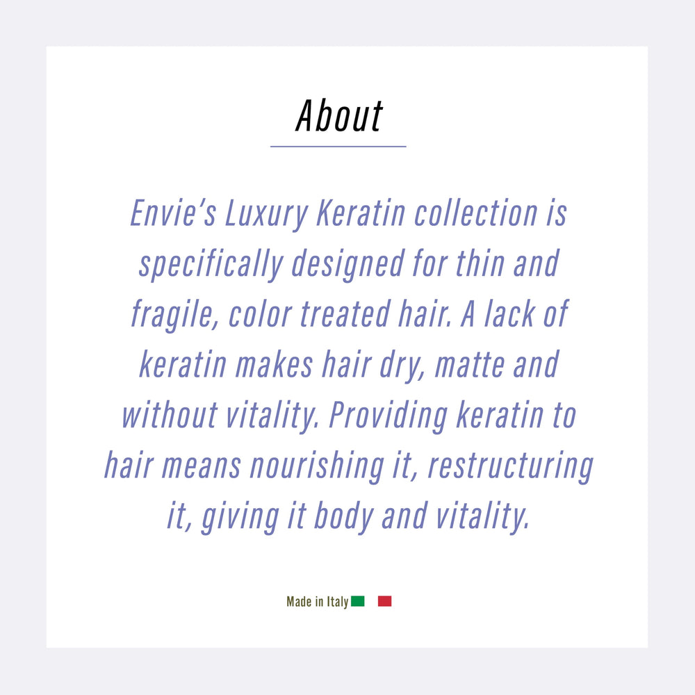 ENVIE LUXURY Keratin Shampoo bottle highlights shine on hair.