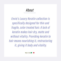 ENVIE LUXURY Keratin Shampoo bottle highlights shine on hair.