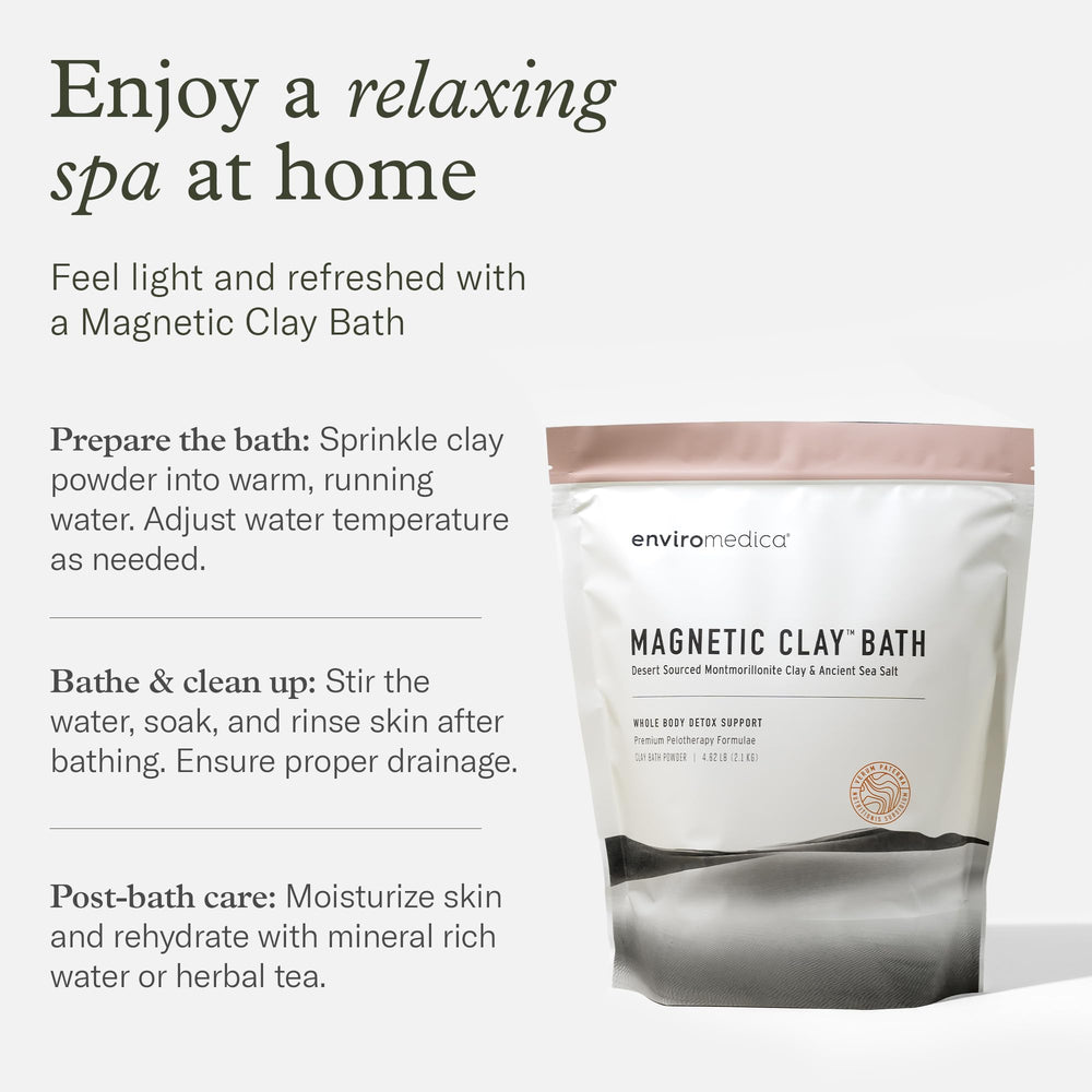 Pink Himalayan salt crystals accompanying Enviromedica bath powder.