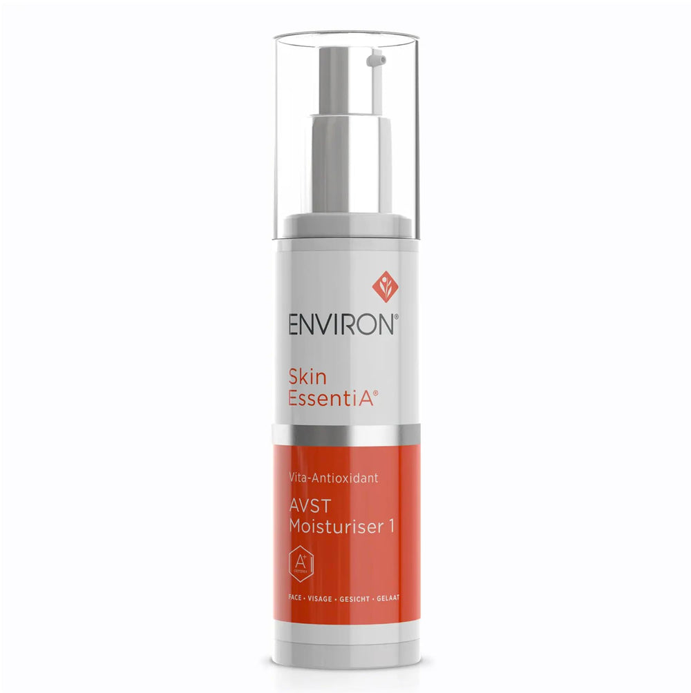 Environ AVST 1 bottle close-up showing a lightweight moisturizer for beginners.