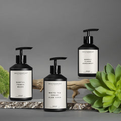 ENVIRONMENT Lily hand soap closeup focusing on delicate fragrance and sleek packaging