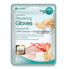 Epielle hand mask adhesive tabs secure the gloves during use.