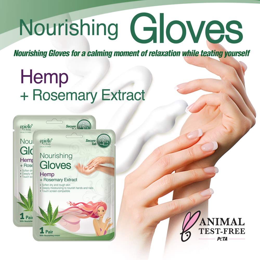 Epielle Hand Mask gloves close-up highlights hemp seed oil.
