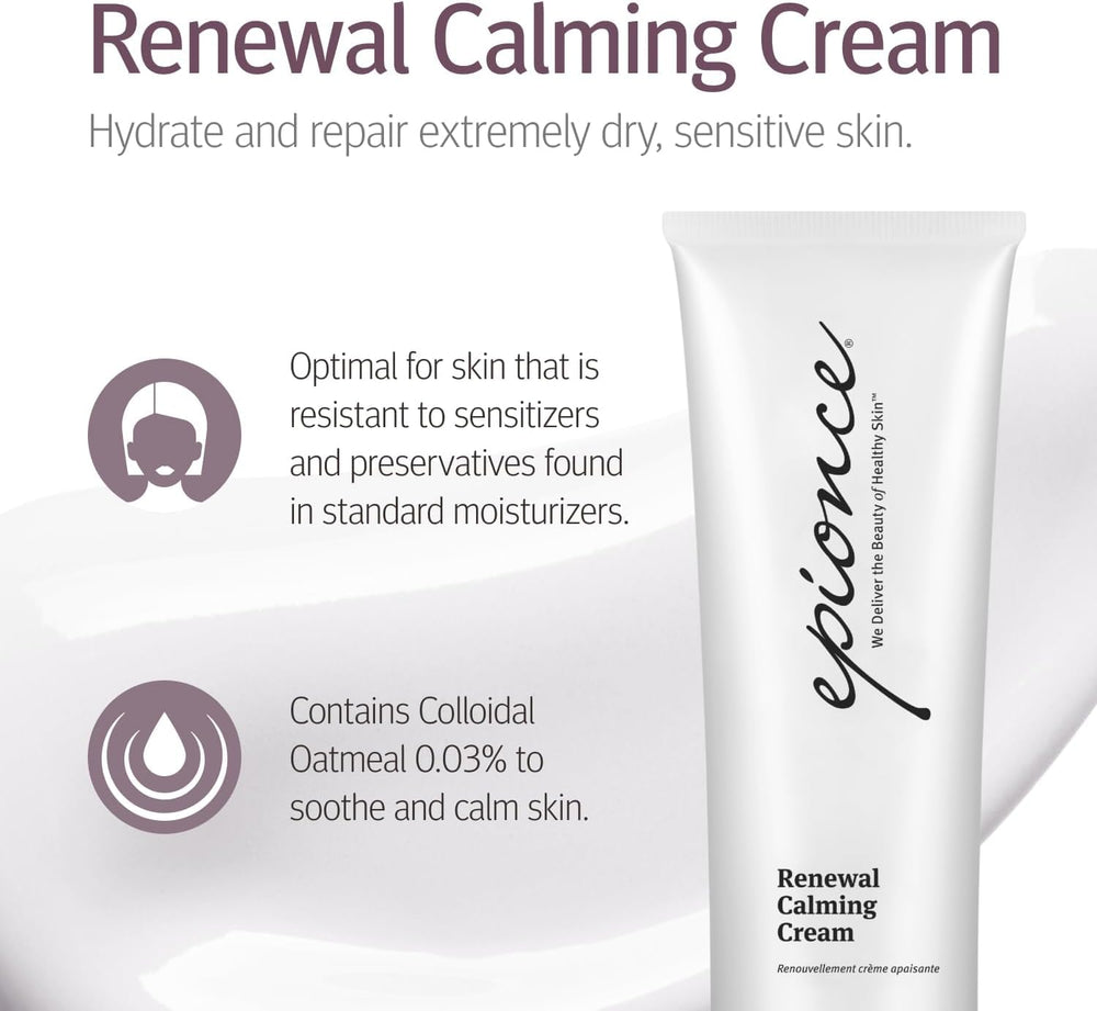Epionce Renewal Calming Cream jar-open shows creamy texture for soothing use.