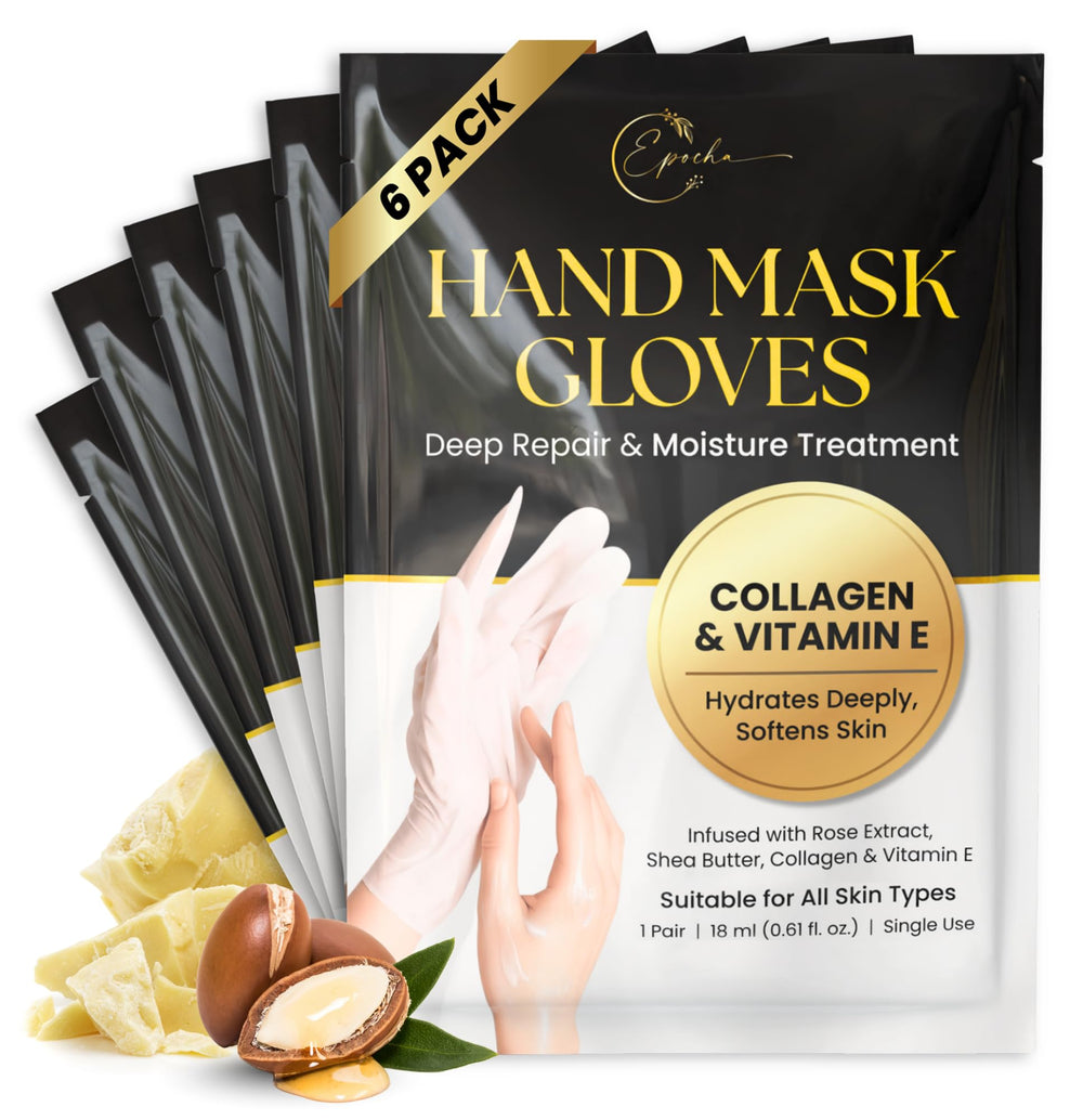 Epocha hand mask pack of six pairs for deep hydration and soft skin at home.