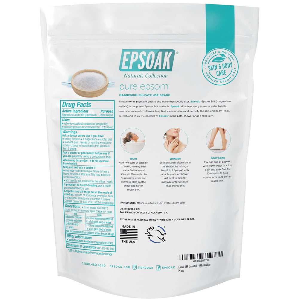 Epsoak bulk resealable bag keeps salt fresh, simplifying storage