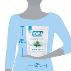 Epsoak Muscle Soak bottle steaming in a warm bath.