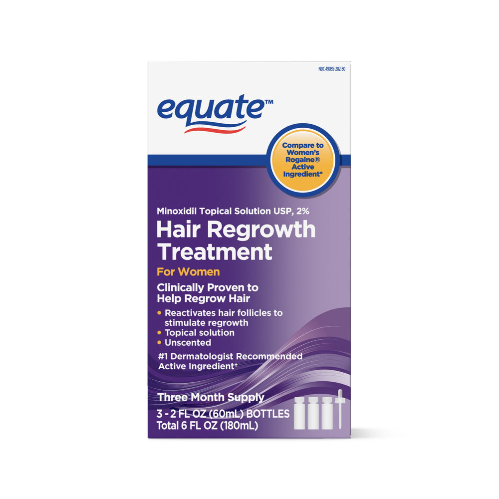 Equate Hair Regrowth Treatment bottle front view shows a portable option for daily home use