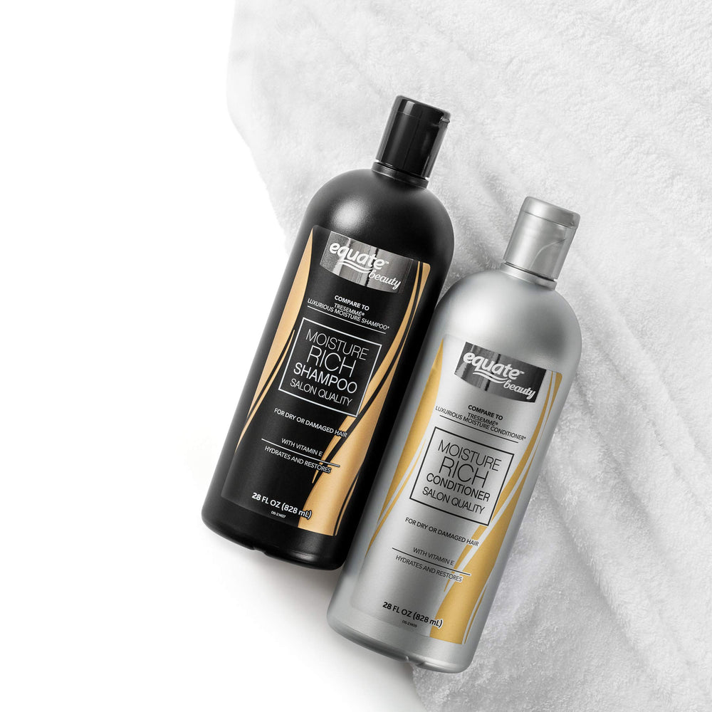 Equate Moisture Rich Conditioner bottle front promotes detangling and smoother ends.