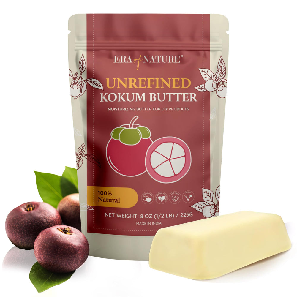 Era of Nature Kokum Butter Raw 8oz jar shown for pure, scent-free skin nourishment.