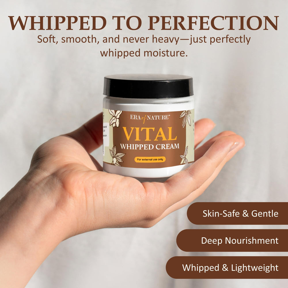 Era of Nature whipped body cream close-up shows light, fluffy texture that melts in.