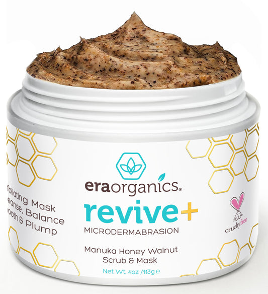 Era Organics Manuka Honey Exfoliating Scrub bottle demonstrates gentle polishing and glow