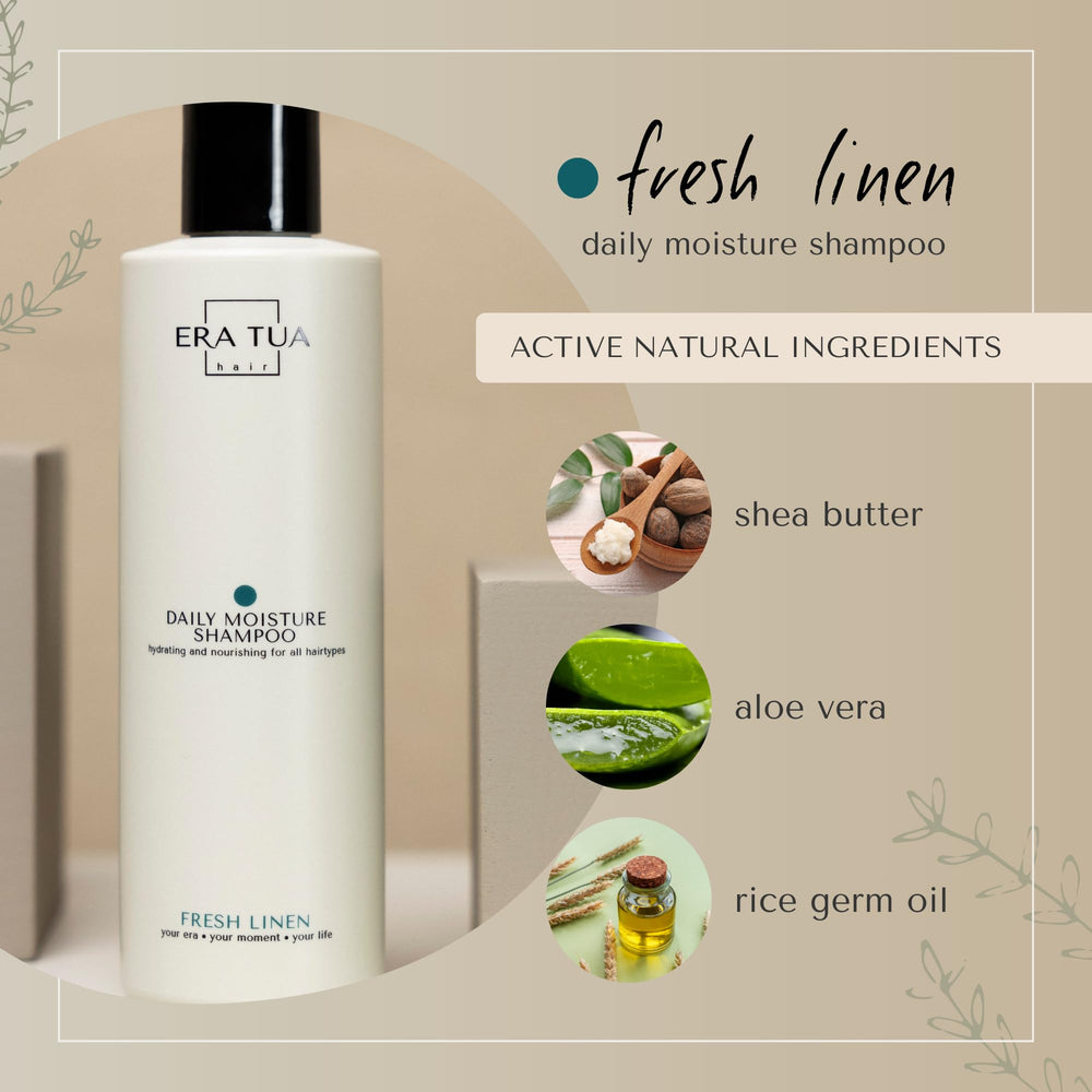 ERA TUA Fresh Linen shampoo with shea butter highlights deep hydration.