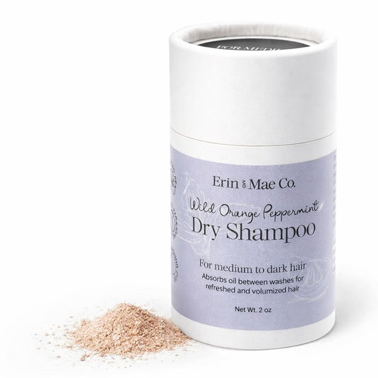 ERIN AND MAE CO dry shampoo powder packaging in eco-friendly paper tube for travel