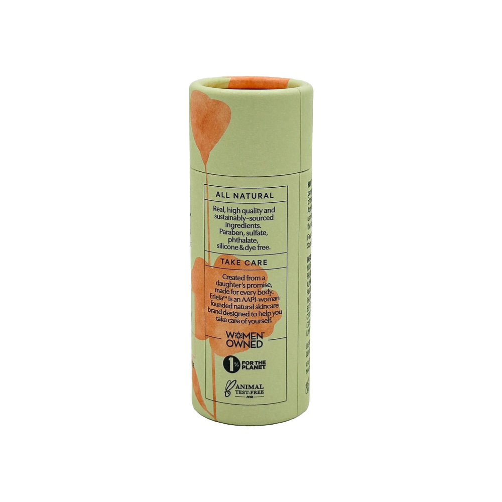 Erleia paper push-up tube promotes mess-free, travel-ready application.