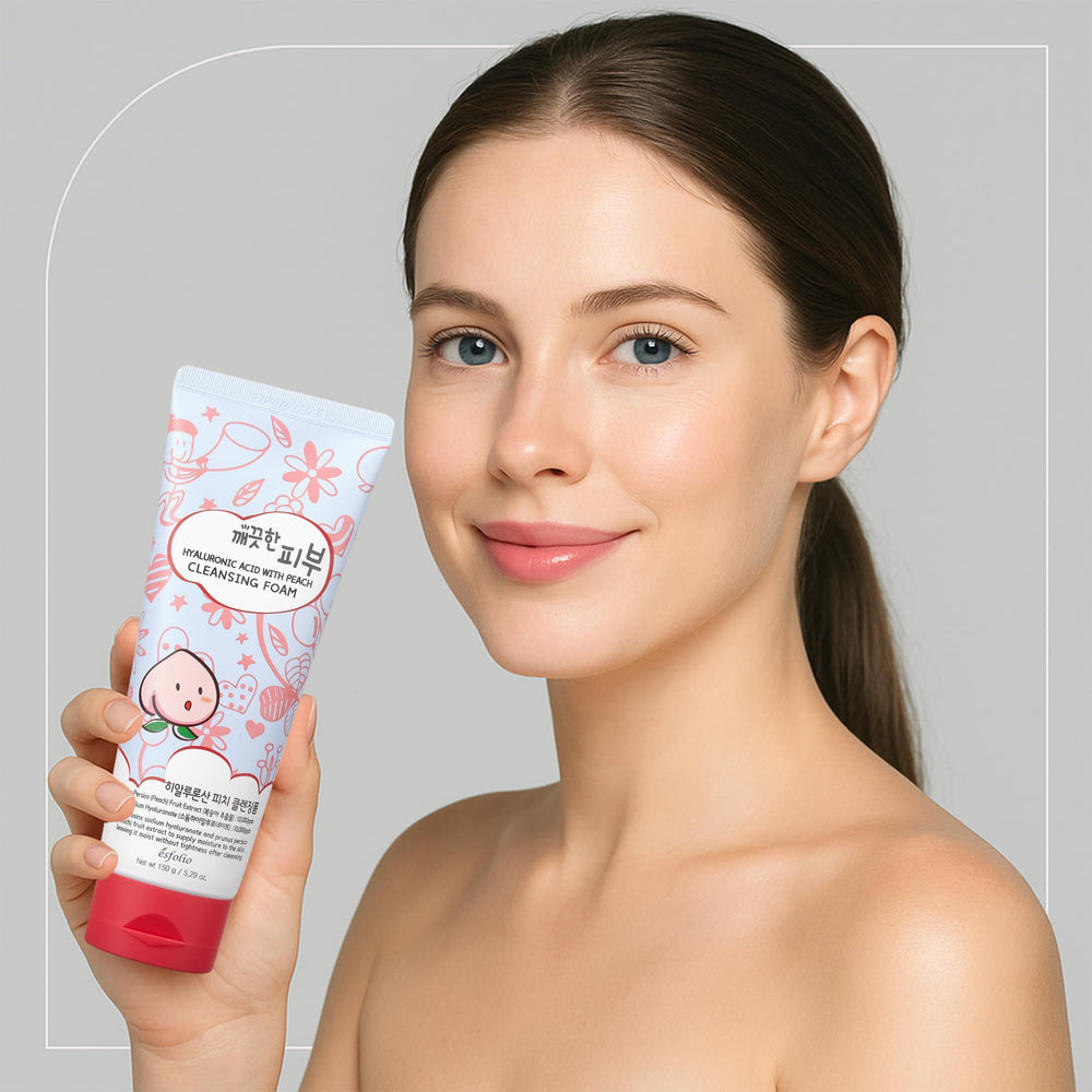 Esfolio Hyaluronic Acid Peach Cleanser daily routine shot, perfect for morning cleansing.