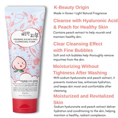 Esfolio Hyaluronic Acid Peach Cleanser foam texture on skin, smooth cleansing feel.
