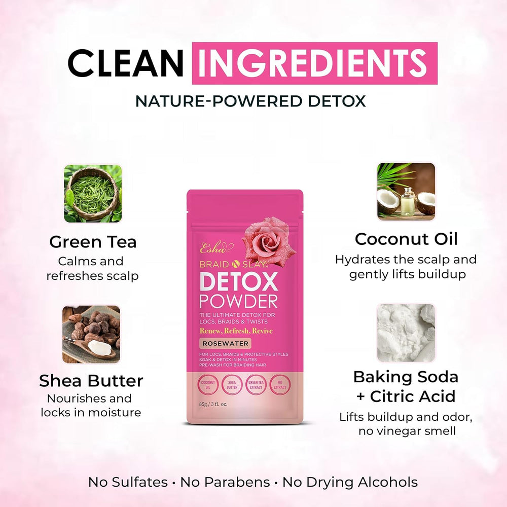 Esha grapefruit-detox-powder bottle highlights detoxifying buildup on hair.