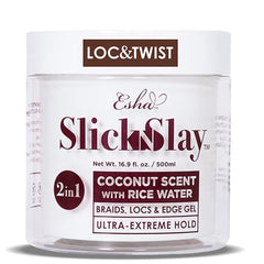 Esha Slick N Slay bottle shows coconut braiding gel for easy styling and long-lasting hold.