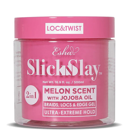Esha Slick N Slay braiding gel bottle showing ultra hold and shine