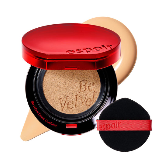 Espoir Be Velvet Cushion Foundation packaging shows compact design for quick touch-ups.