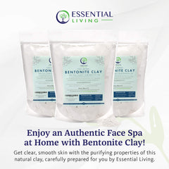 Essential Living Bentonite Clay Powder texture close-up for oil absorption.
