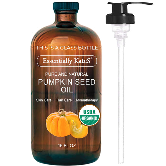 Essentially KateS pumpkin seed oil bottle front view for pure skin hydration.