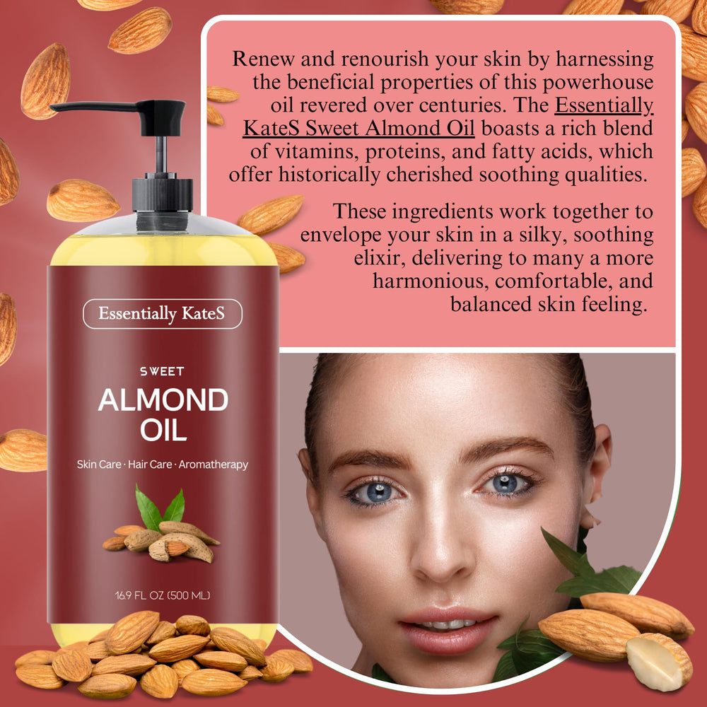 Essentially KateS Sweet Almond Oil bottle side highlighting 100% pure quality.
