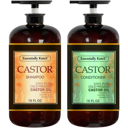 Essentially KateS Castor Oil Shampoo bottle highlights rosemary mint for a refreshing scalp feel.