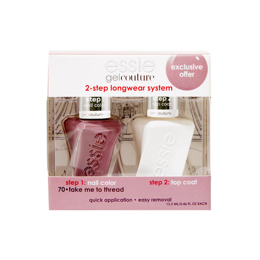 essie gel couture mauve nail polish bottle showing creamy mauve color and long wear