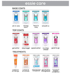 essie Stay Longer top coat packaging highlights vegan, 8-free formula.