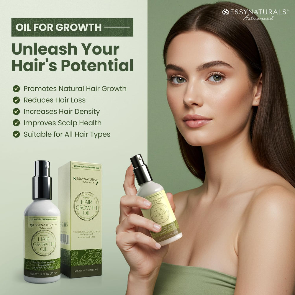 EssyNaturals Advanced Hair Growth Oil dropper for precise scalp application.