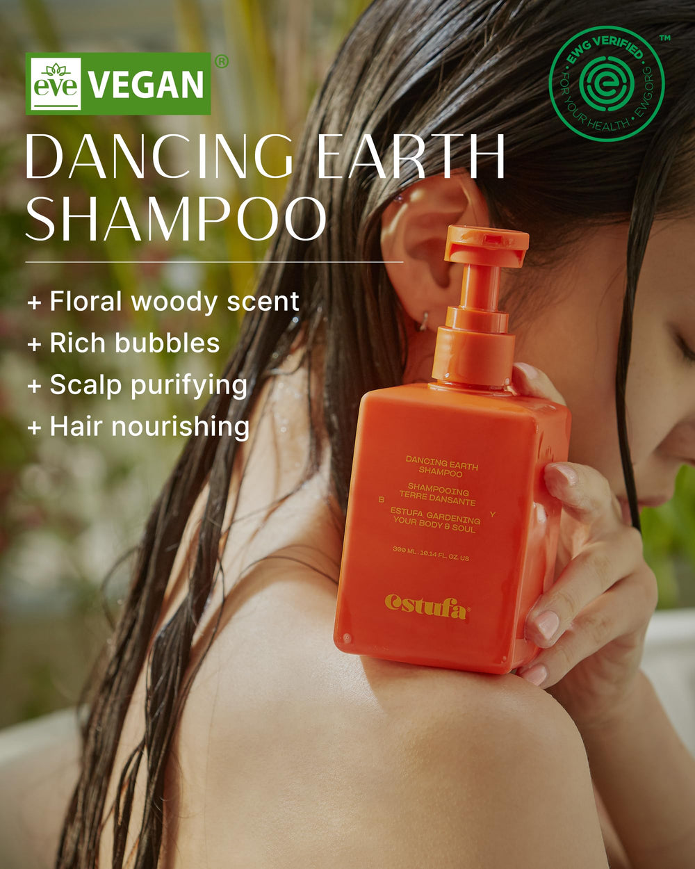 ESTUFA Dancing Earth Shampoo amino acids complex image illustrates deep scalp hydration and nourishment.