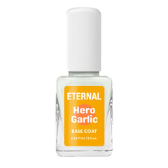 Eternal Garlic Base Coat bottle close-up highlighting garlic extract for nail strength.