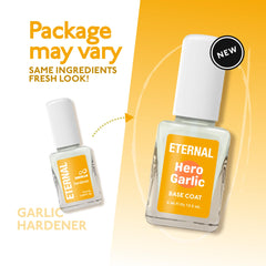 Garlic-infused Eternal Garlic Base Coat ingredients highlighted on label.